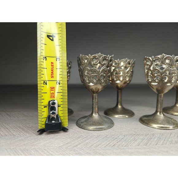 Vintage Shot Cordial Glass Holders Ornate Filigree Metal Stem Japan Made - Picture 4 of 7